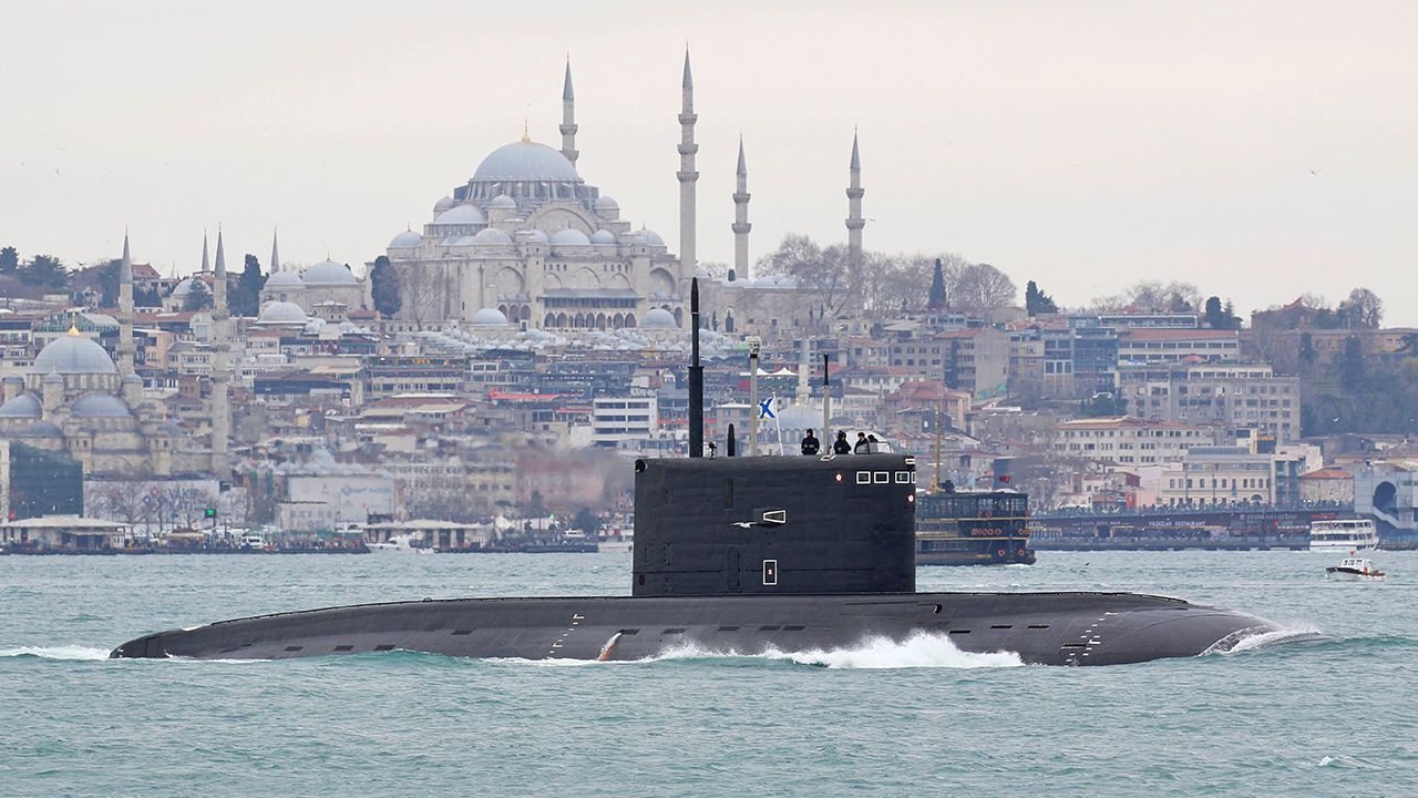 The Russian Navy's submarine Rostov-on-Don sails in the Bosphorus, on its way to the Black Sea, in Istanbul, Turkey