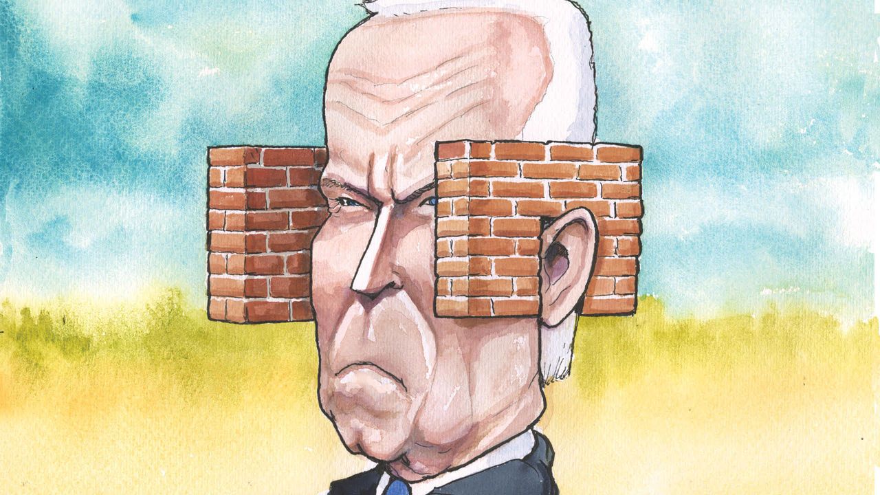 An illustration of President Biden with brick walls either side of his head like blinkers on a racehorse