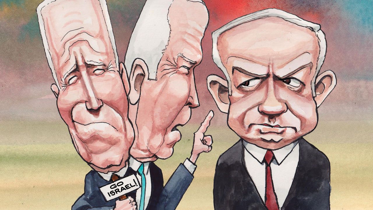 A two-headed Joe Biden both praising and lecturing the Israeli prime minister